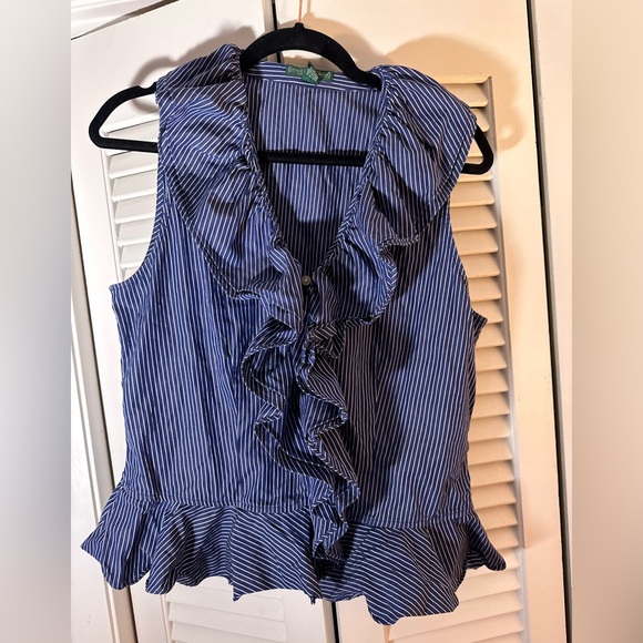 Ralph Lauren Tops - Ralph Lauren Navy Striped Ruffle Blouse